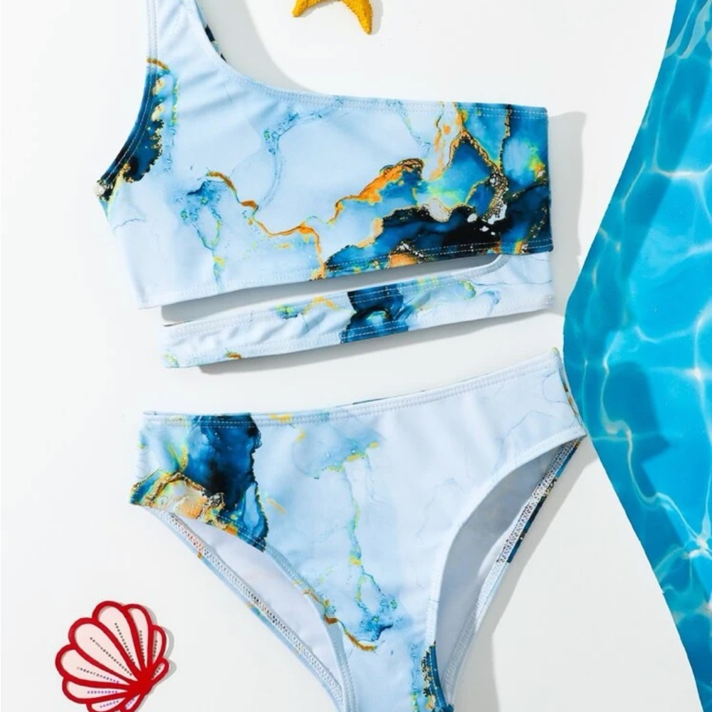 Shein swim girls marble bikini set 120 5-6 years NWOT